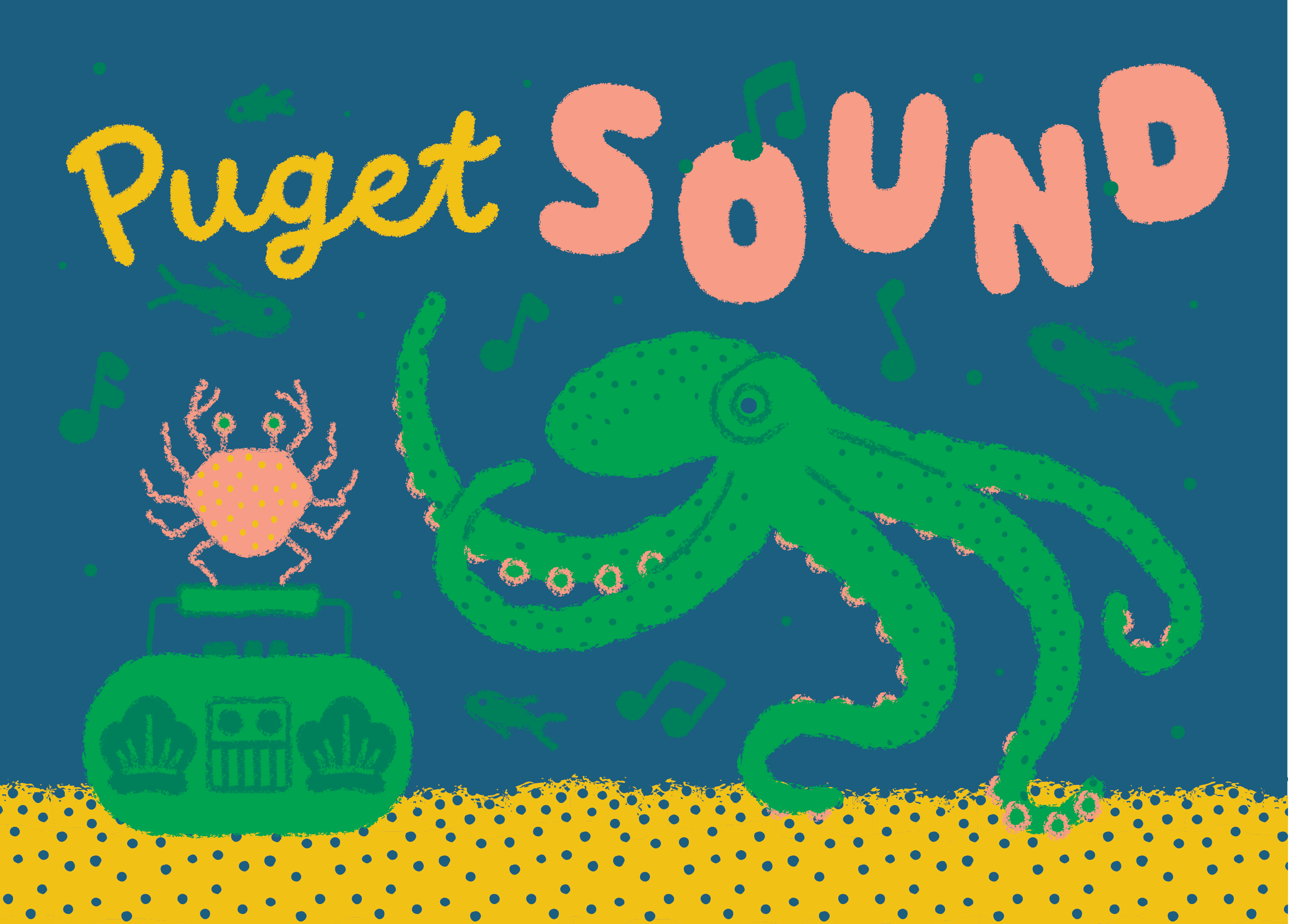Wug Prints - Wholesale Postcard - Puget Sound Boombox Octopus Crab and Fish Postcard1