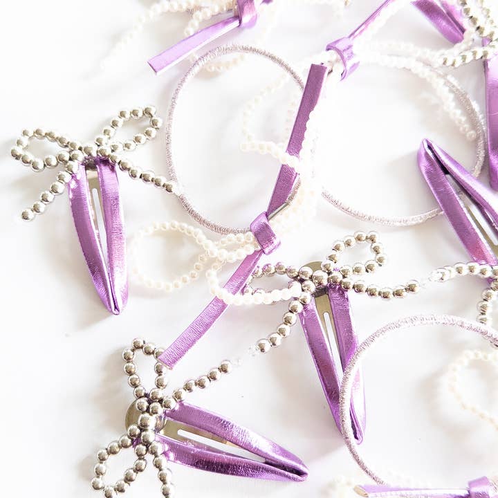Eggy Cakes - Wholesale Hair accessories set – kids - Metallic and Pearl Beaded Bow Hair Clip and Ties Set7