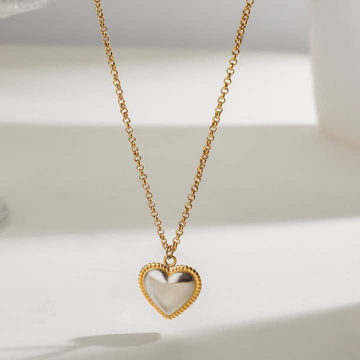 TWO TONE 18K STAINLESS STEEL TARNISH FREE HEART NECKLACE | 40NK9546 for wholesale on Faire0