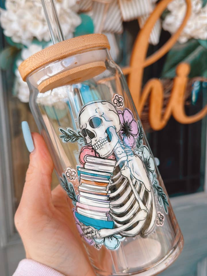 20 oz Glass Can - Books and Skeleton Cup, Libbey Glass for wholesale by Laila M and Co