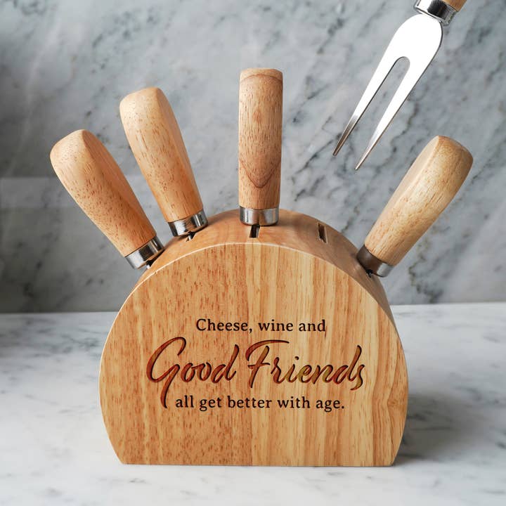 'Cheese, Wine And Good Friends...' Wooden Cheese Knife Block for wholesale by CGB Giftware