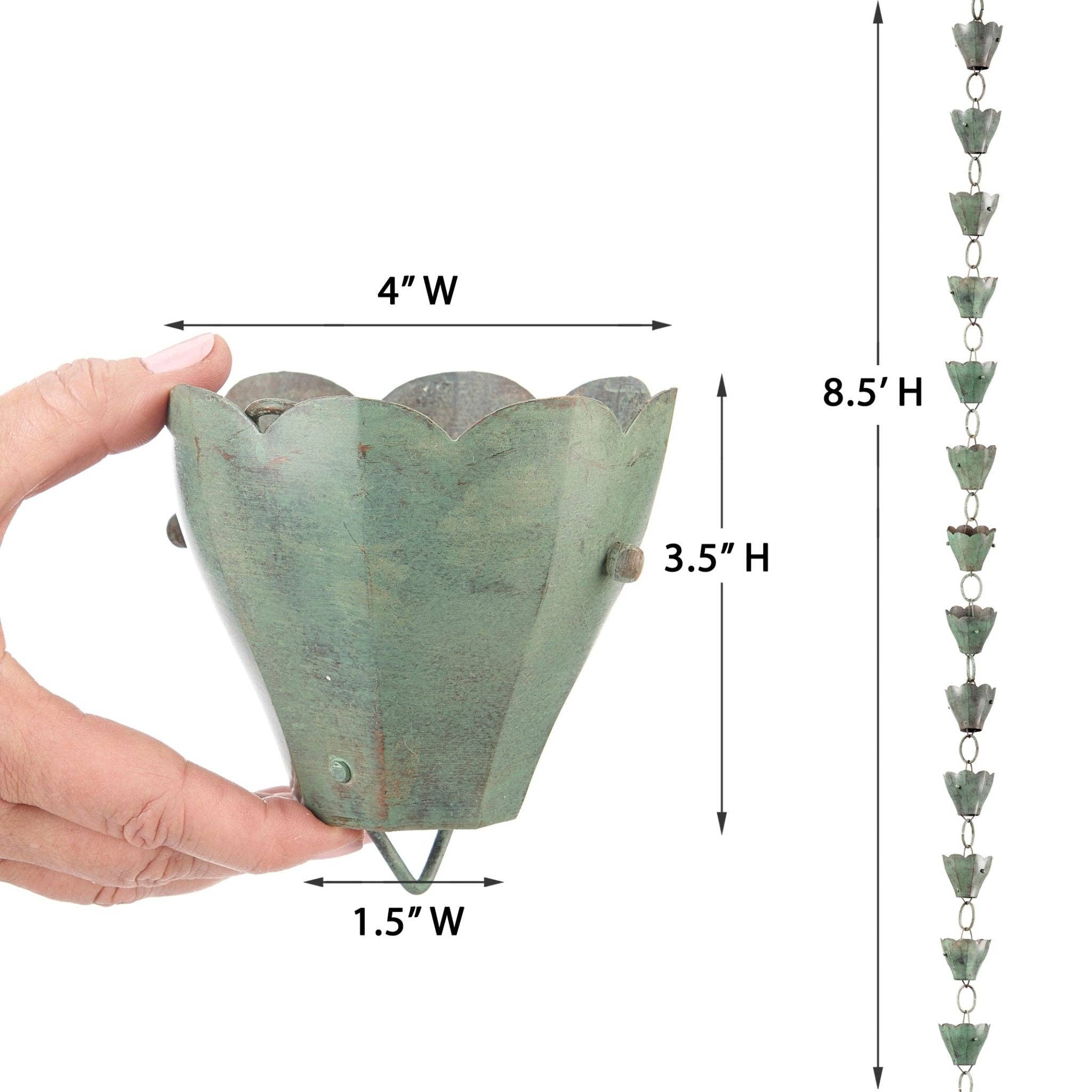 Good Directions - Wholesale Outdoor Ornament/Decor - Tulip Rain Chain Verde - 8.5 ft., with 13 Large Cups3