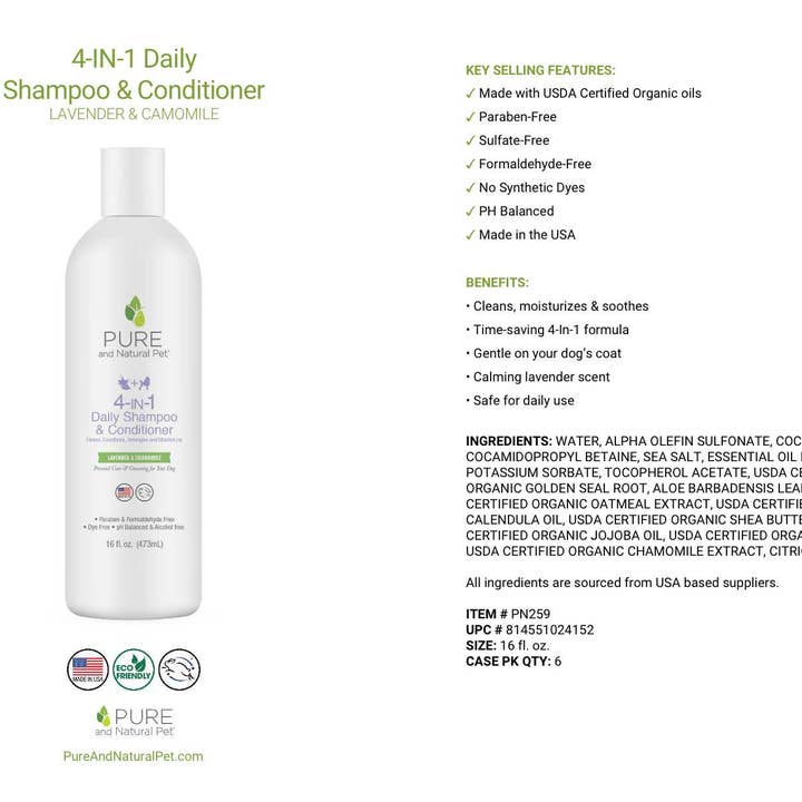 Pure and Natural Pet - Wholesale Pet Shampoo - Dog - 4-in-1 Daily Shampoo and Conditioner for Dogs1
