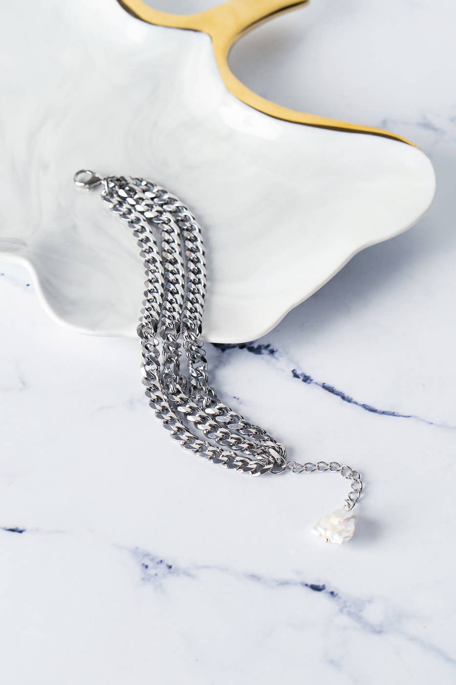 Goupi - Wholesale Link & Chain Bracelet - Triple Steel Chunky Chain Silver Bracelet with pearl charm