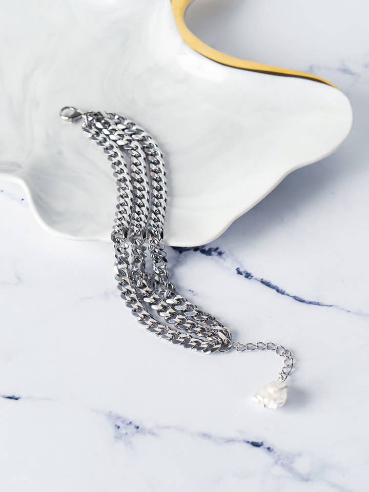 Triple Steel Chunky Chain Silver Bracelet with pearl charm for wholesale by Goupi