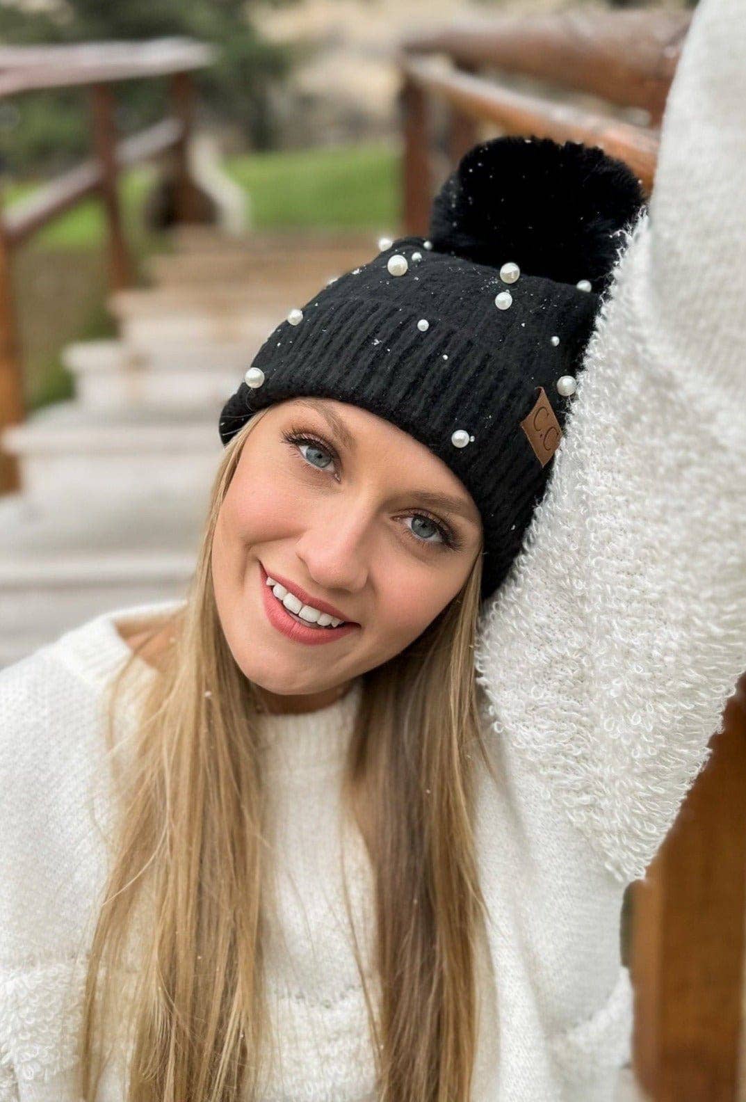 MiMi Wholesale - Wholesale Beanie - Women's - HAT4008 Naomi Pearl Embellished Pom Beanie0