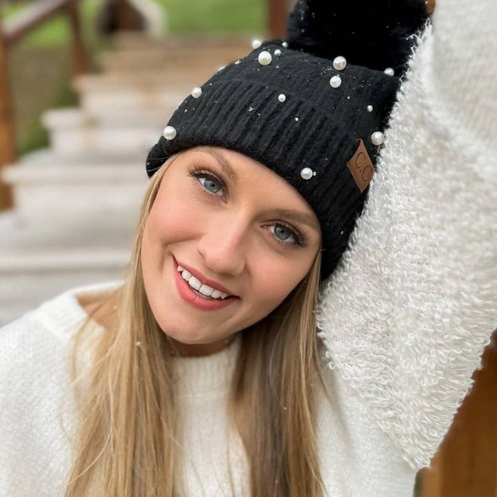 MiMi Wholesale - Wholesale Beanie - Women's - HAT4008 Naomi Pearl Embellished Pom Beanie
