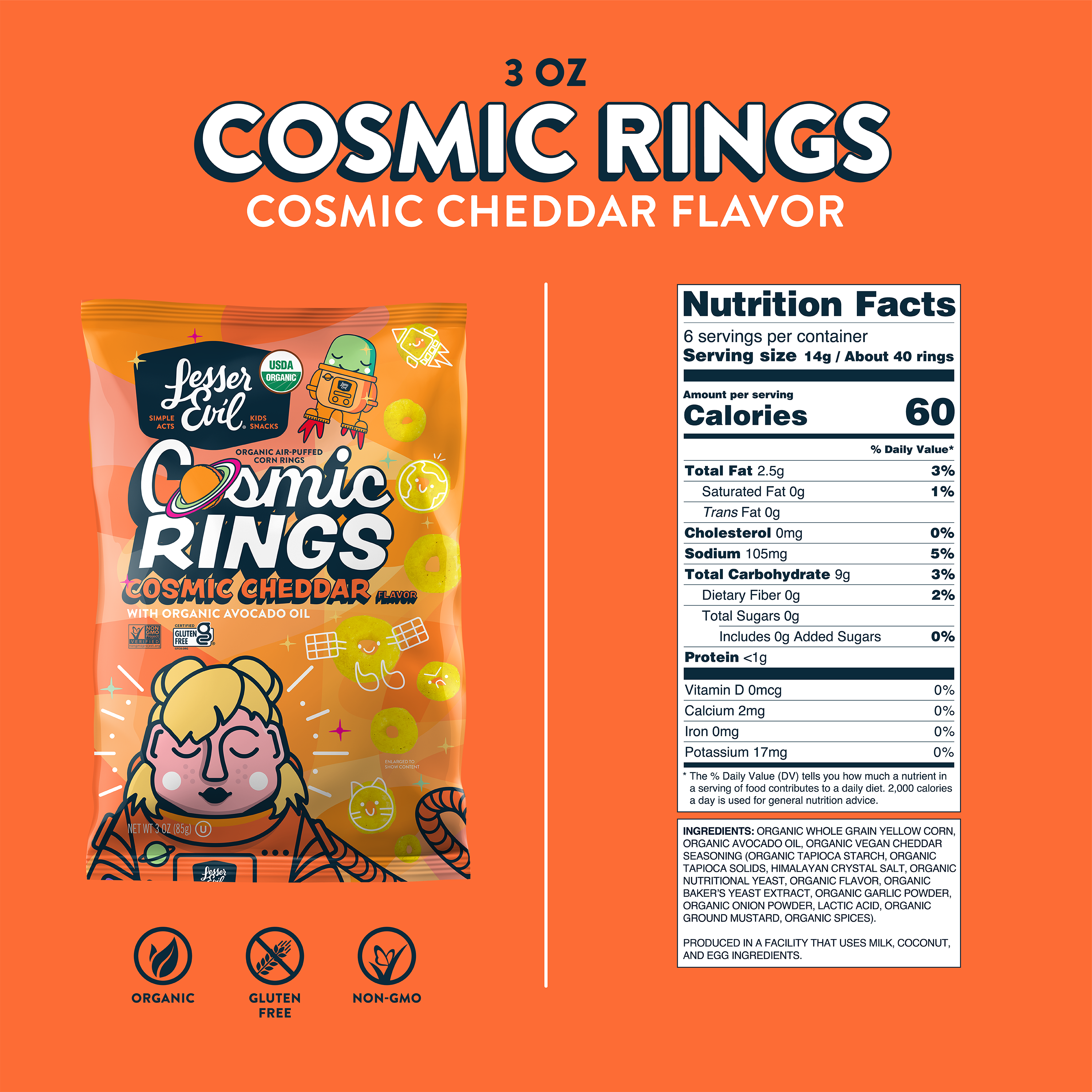 LesserEvil - Wholesale Puffed Snack - Cosmic Rings, Cosmic Cheddar, 3 oz2