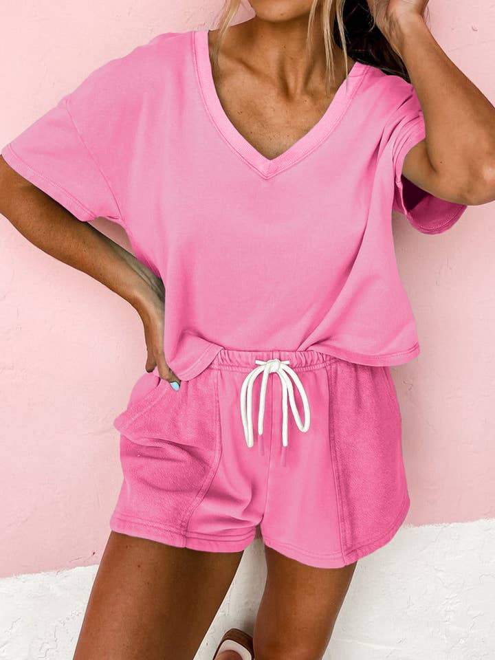 Lovesoft - Wholesale Lounge Set - Women's - Mint Green V Neck Drop Shoulder Tee and Patchwork Drawstring Shorts Set