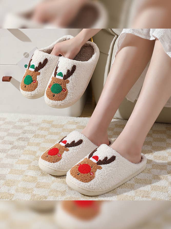 Desenhos animados de Natal Rena Fluffy Chinelos ZKF121 por atacado de UNISHE