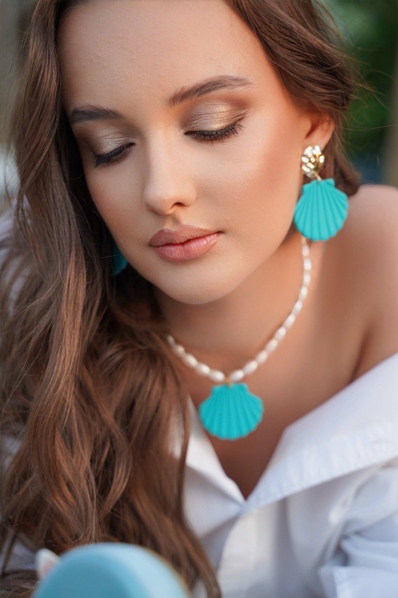 DUESTELLE ITALIA – Brincos de argola por atacado – Sirena - Brincos Concha Verde Água5