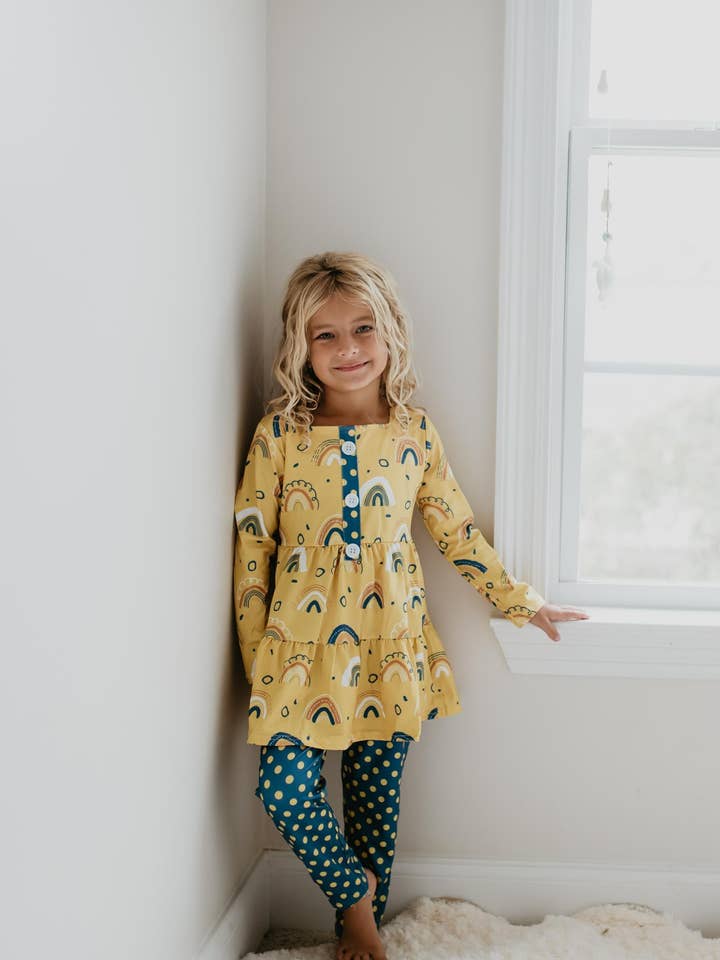 Kids Mustard Rainbow Polka Dot Fall Two Piece Button Set for wholesale by Adorable Sweetness