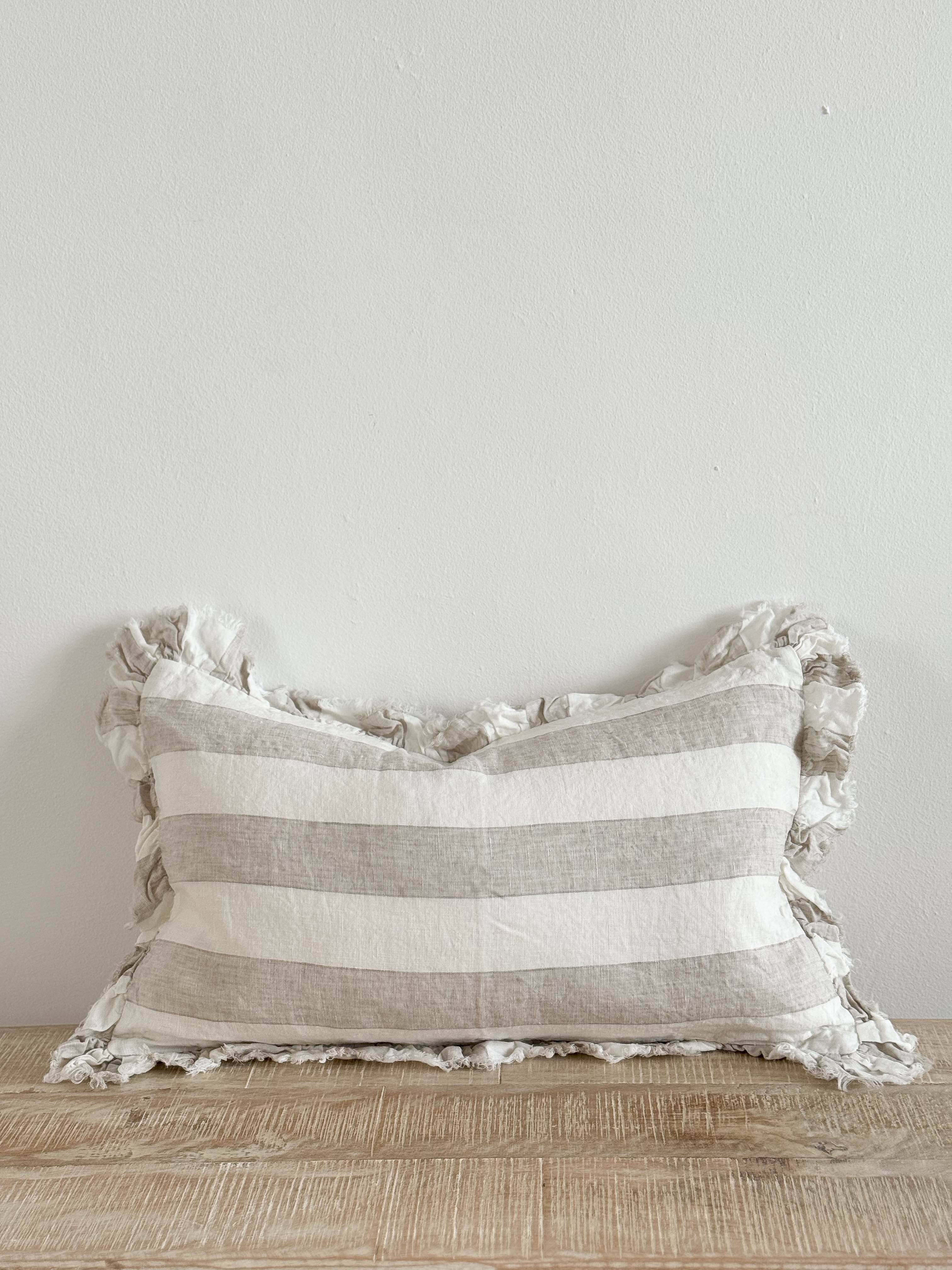 Ellenvale Trade - Wholesale Throw Pillow Cover - Hallie Ruffled Linen Cushion Cover 50x30 – Beige & Cream Wide Stripe1
