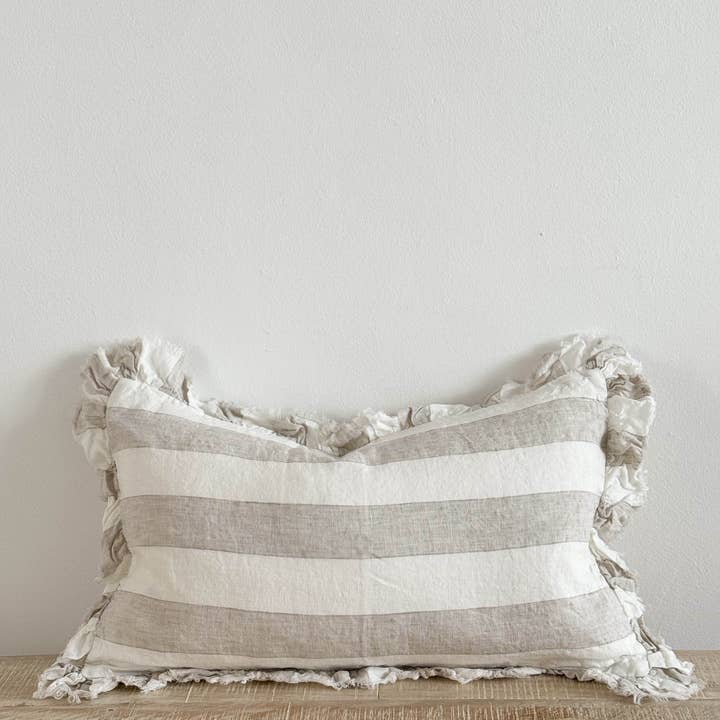 Ellenvale Trade - Wholesale Throw Pillow Cover - Hallie Ruffled Linen Cushion Cover 50x30 – Beige & Cream Wide Stripe1
