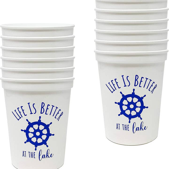 Funky Junque - Wholesale Disposable Cup - 16 oz Stadium Cups - Life is better/white (Set of 12)