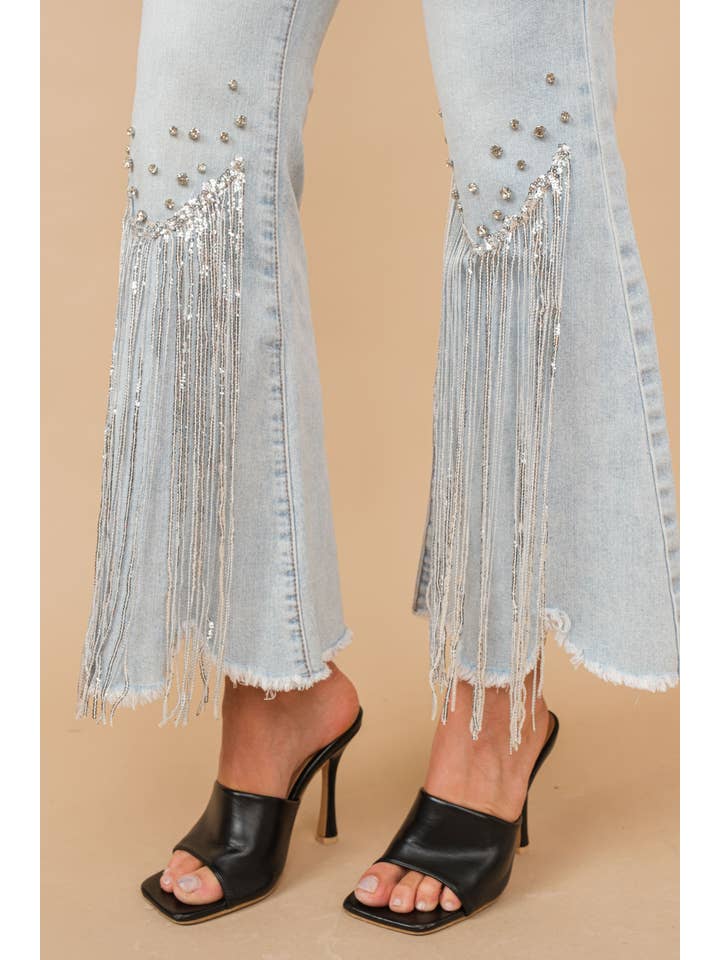 LIGHT WASH 80004P - Rhinestone Embellishment Detail Sequin Denim Jeans for wholesale on Faire6