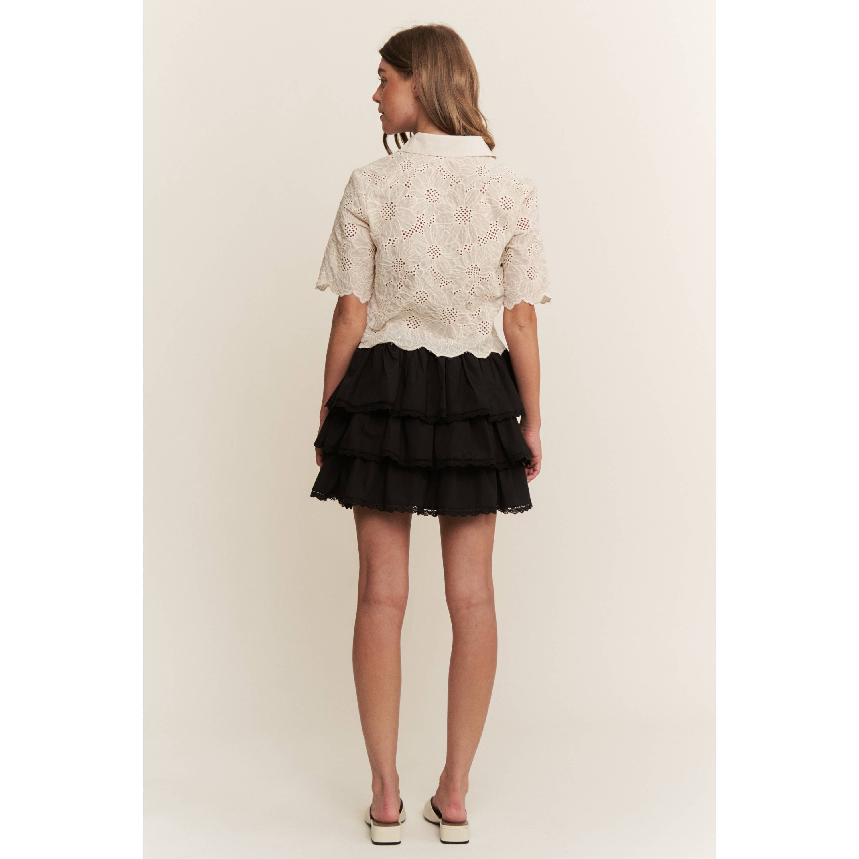 Black WESTERN SOLID MINI TIERED SHIRRING SKIRT SKORT for wholesale on Faire6