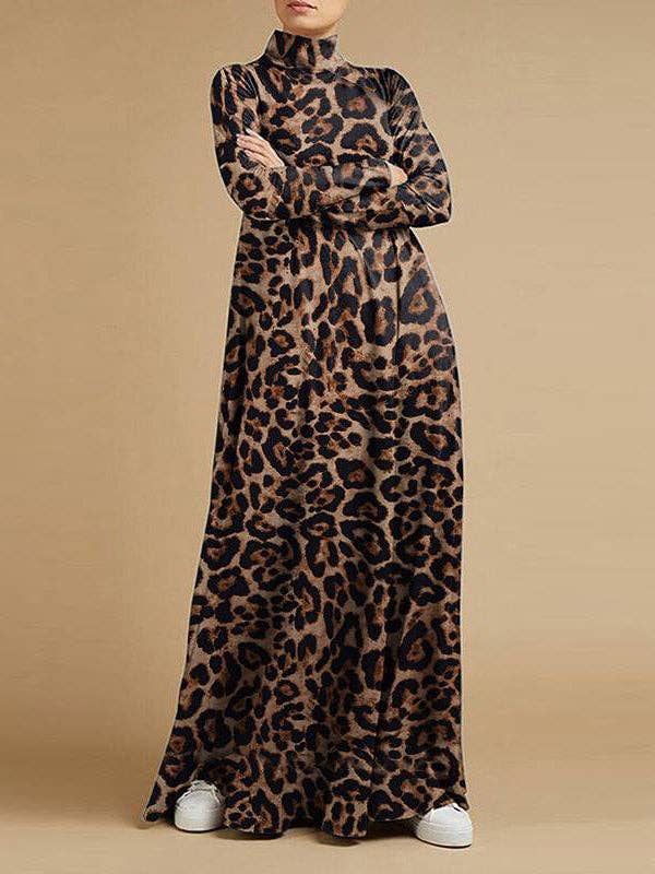 FurDecoration - Vendita all'ingrosso Vestito - Donna - Abito lungo casuale a collo alto con stampa leopardata.3
