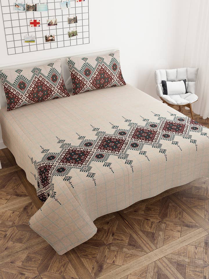 Beige,Blue,Red Geometric Print King sheet & 2 Pillow Cases for wholesale by Mehr by Pretty