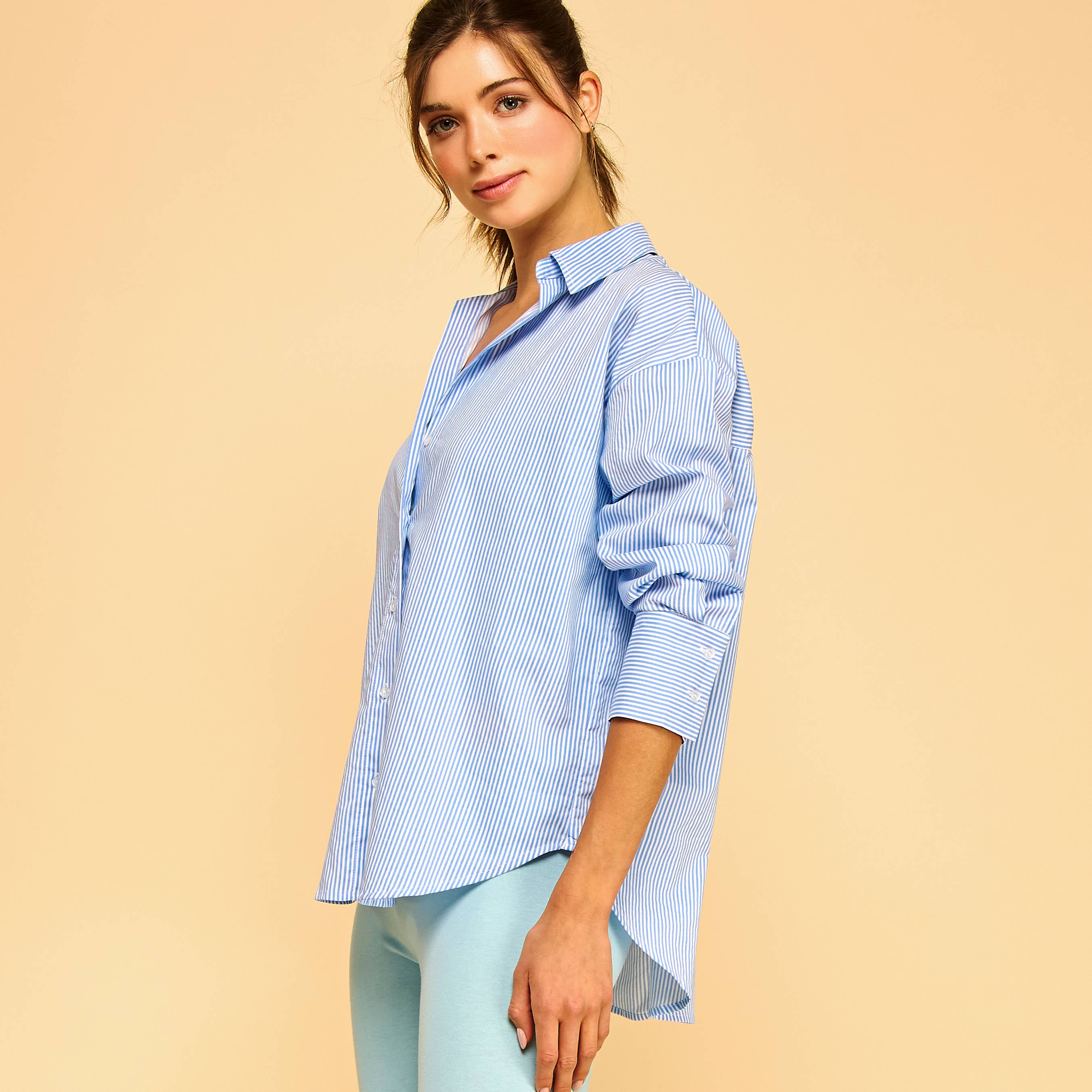 khaki PRINTED STRIPE POPLIN BUTTON DOWN SHIRT-F75687-1 for wholesale on Faire15