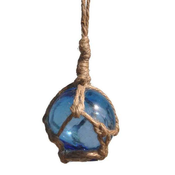 Hampton Nautical - Wholesale Decorative Tabletop Object - Light Blue Japanese Glass Ball Fishing Float With Brown Nett1