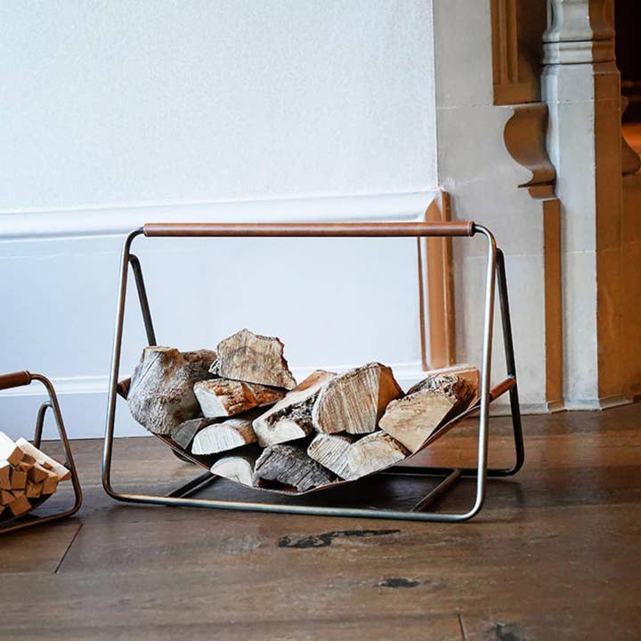 Ivyline - Wholesale Fire Pit - Contemporary Metal with Hanging Leather Log Holder, Brass