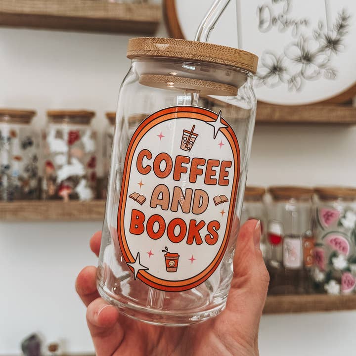 Coffee And Books Decal Glass Can Cup for wholesale by BidwellbyDesign