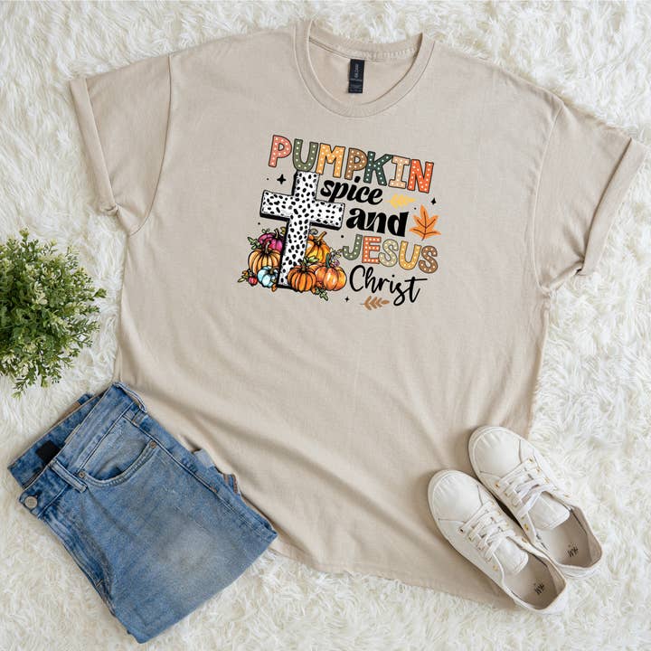 Pumpkin Spice and Jesus Christian Fall T-Shirt – Faith & Autumn Graphic Tee for wholesale by Pressed in Chaos