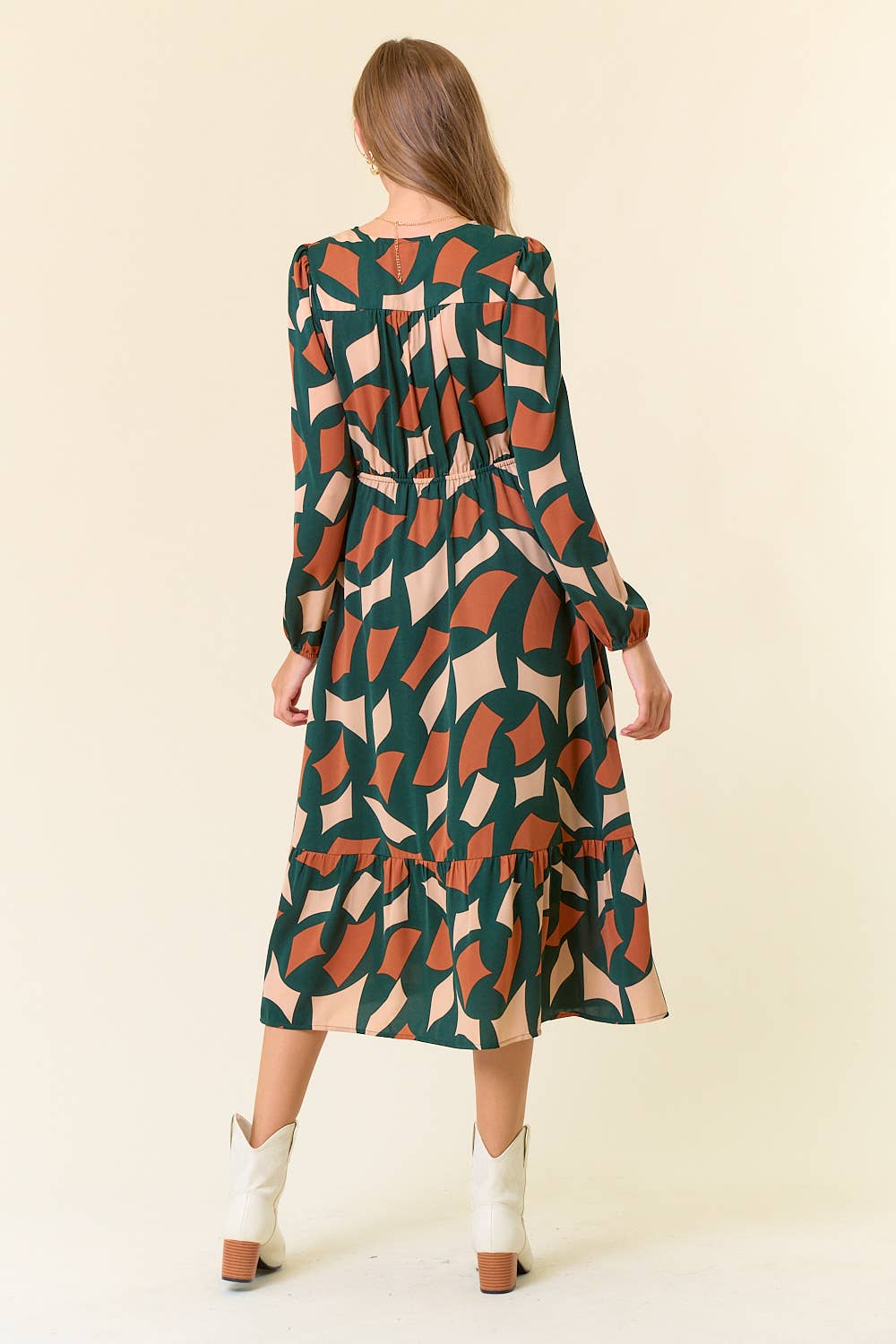Doe and Rae - Wholesale Dress - Women's - Abstrct Print V-Neck Half Button Front Midi Dress - 27816D9