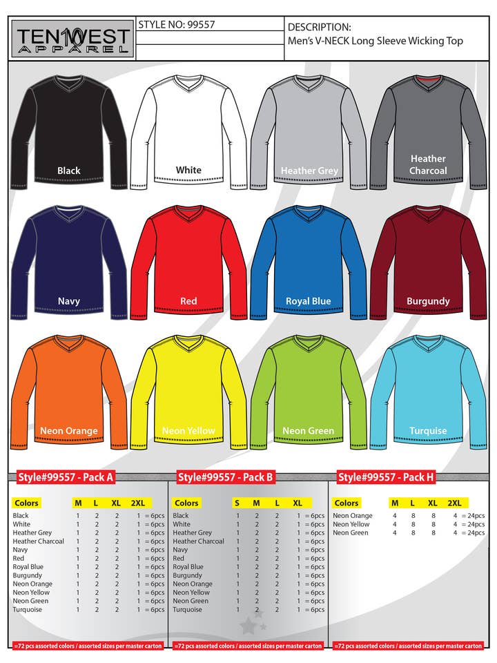 T-shirt à manches longues et col en V pour hommes, résistant à l'humidité, M-2X pour la vente par Ten West Apparel