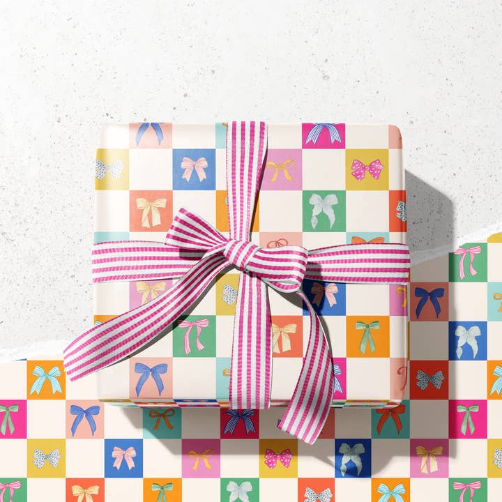 KelseyMDesigns - Wholesale Wrapping Paper Roll - Colorful Checkered Bows Wrapping Paper - 3 Sheet Roll