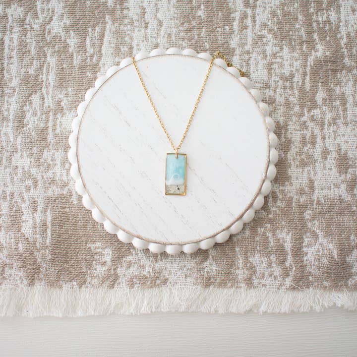 Custom Sand Necklace | Rectangle | Hand Painted Wave | Gold for wholesale by Sandy Beaches Shop