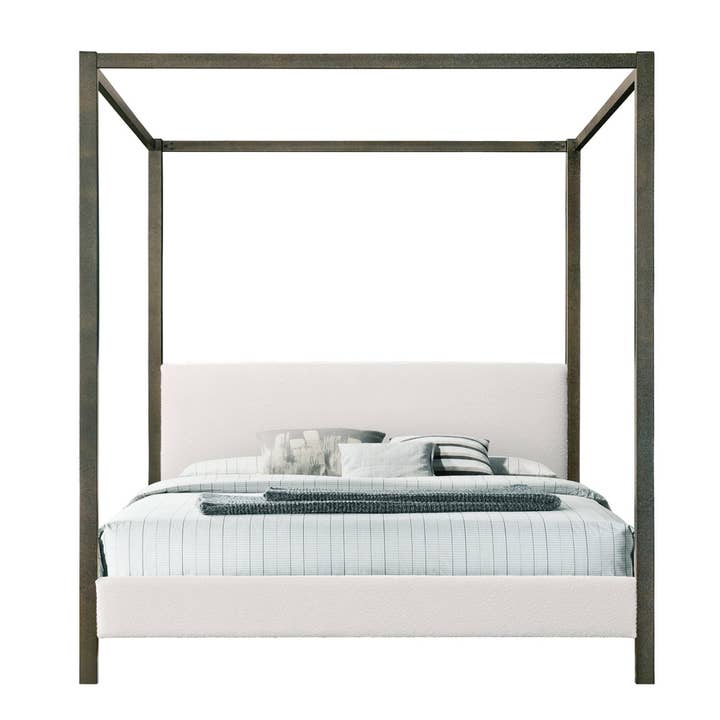 Glamour Home - Wholesale Bed - Beecher White Boucle Canopy King Bed with Iron Frame2