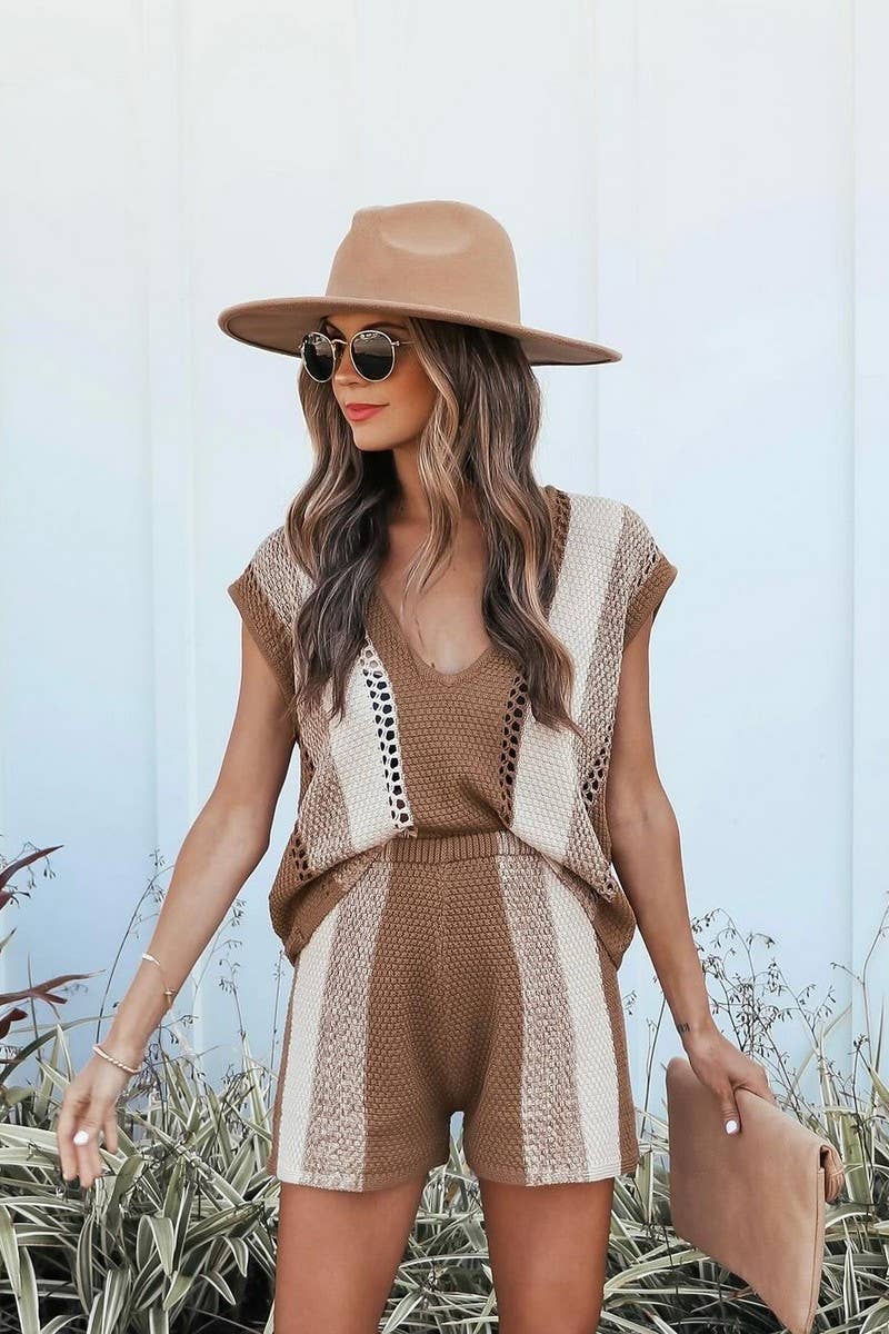 KHAKI CWSTB1506_CASUAL SHORTS V-NECK KNITTED TOP TWO-PIECE SET for wholesale on Faire1