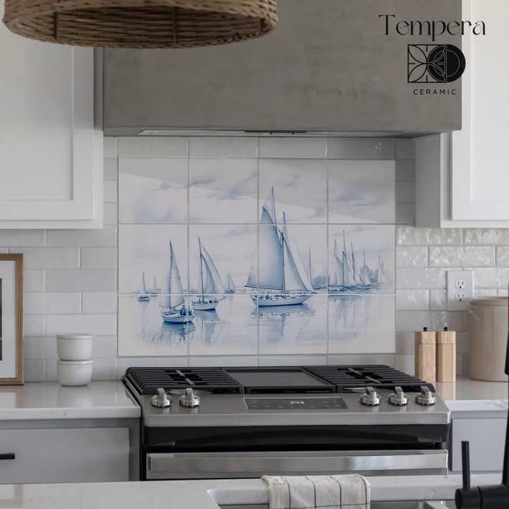 Murale di piastrelle con barche a vela in stile delft, Murale delft blu per la vendita all'ingrosso da parte di Tempera Art