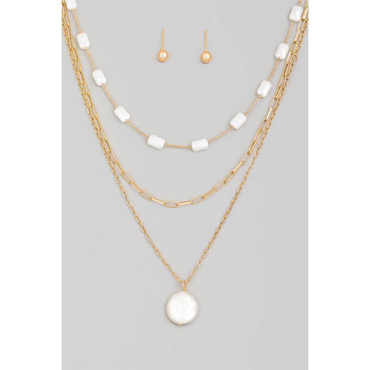 The Looks by Fame Accessories - Wholesale Jewelry Set - Pearly Disc Layered Chain Necklace Set5