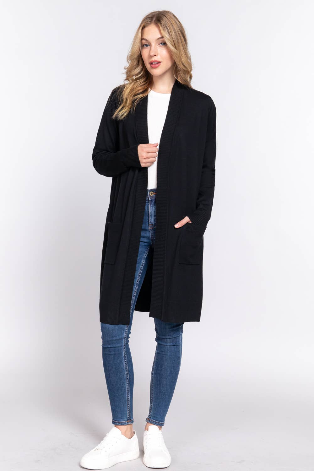 Active Basic | Active USA - Vendita all'ingrosso Cardigan - Donna - Cardigan tunica aperto a costine con maniche lunghe e banda22