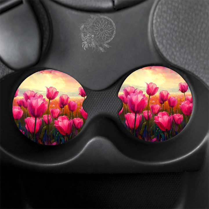 Posavasos de jardín con diseño de tulipán rosa para coche para venta al por mayor de Dark Horse Dream Designs LLC