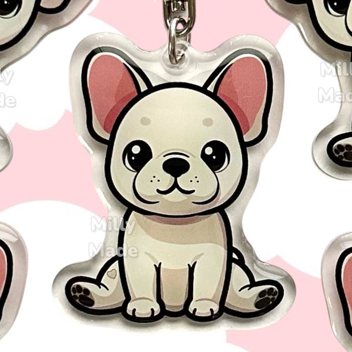 Portachiavi Cane Bulldog Francese Crema in Acrilico con Resina Epossidica | Clip Facile, Cane Cartone Animato Carino, Design Disegnato a Mano, Regalo per Amanti dei Cani per la vendita all'ingrosso da parte di Milly Made Designs