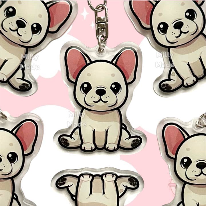 Cream French Bulldog Frenchie Acrylic Dog Keychain with Epoxy Resin | Easy-Clip, Cute Dog Cartoon, Hand-Drawn Design, Dog Lover Gift for wholesale by Milly Made Designs