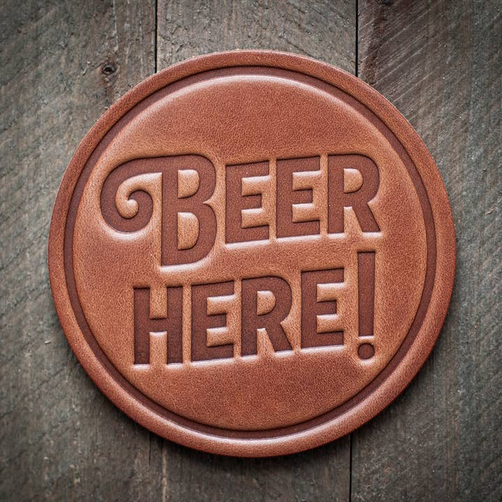 Beer Here! Leather Coaster for wholesale by Sugarhouse Leather