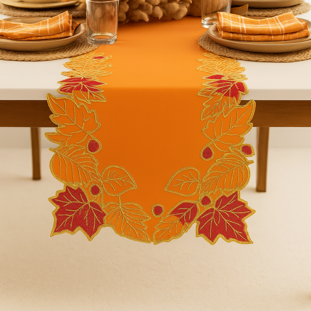 Fennco Styles - Wholesale Table Runner - Terracotta Embroidered  Sequined Leaf Table Runner1