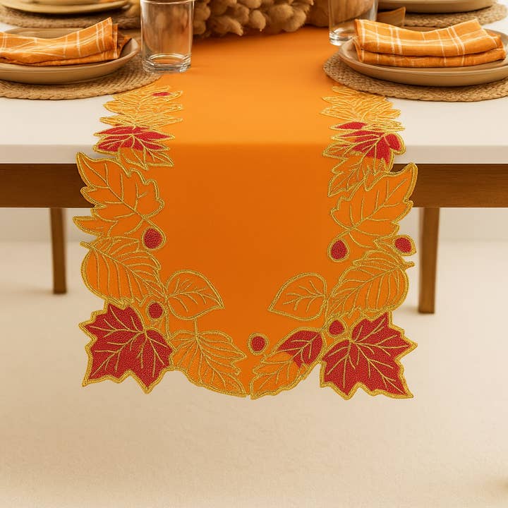 Fennco Styles - Wholesale Table Runner - Terracotta Embroidered Sequined Leaf Table Runner1