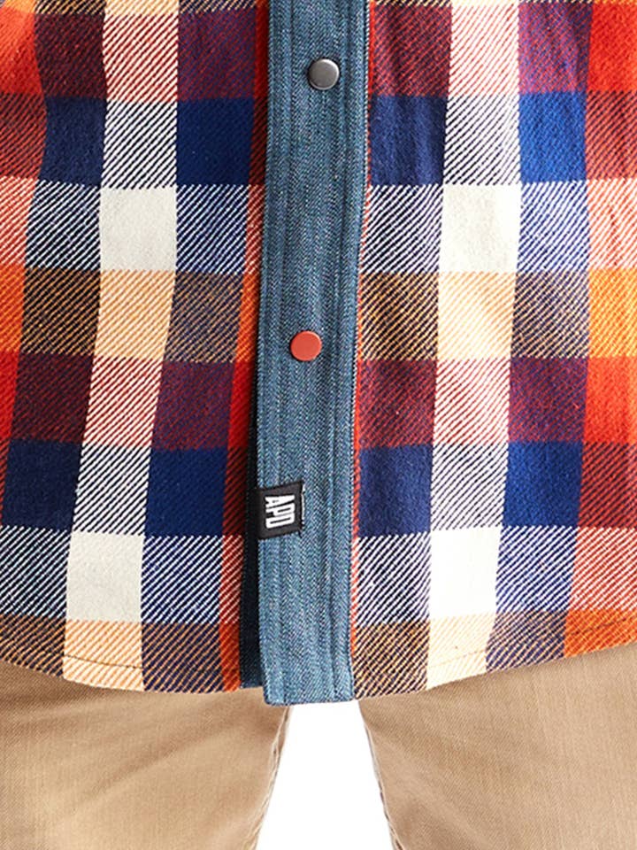 Amy Page DeBlasio - Wholesale Button Down Shirt - Men's - Western Shirt in Orange Checked Flannel and Denim