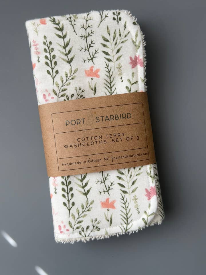Wildflowers Cotton Flannel Terry Washcloths, set of 3 for wholesale by Port & Starbird