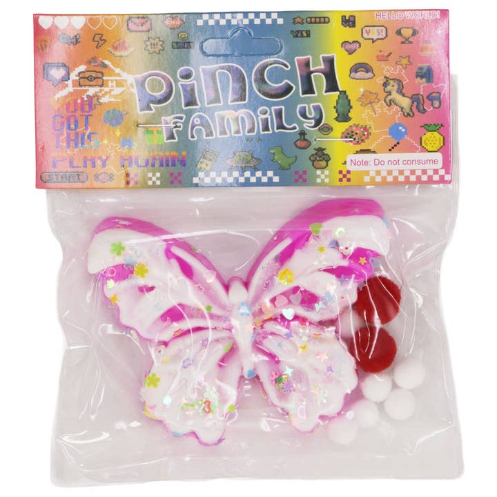 ASSORTED Butterfly Sequins Mochi Pom Pom Squishy Bag for wholesale on Faire7