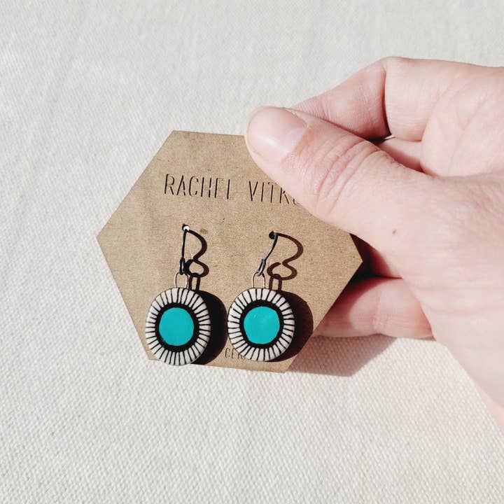 Hand painted (ON BOTH SIDES) ceramic dangle earrings. for wholesale by Rachel Vitko Pottery