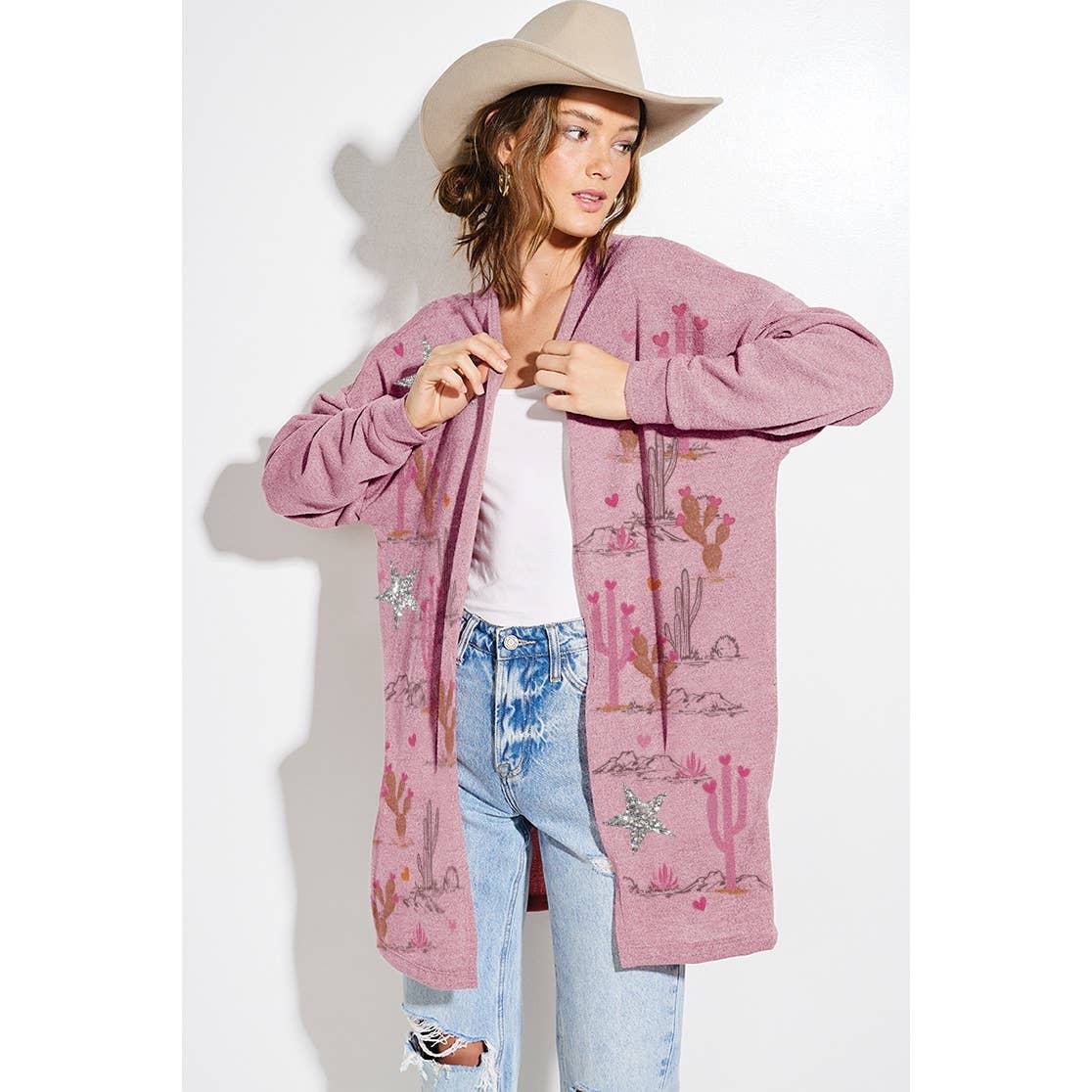 Phil Love – Großhandel Strickjacke – Damen – Wüstenkaktus Stern Glitzerprint Strickjacke12