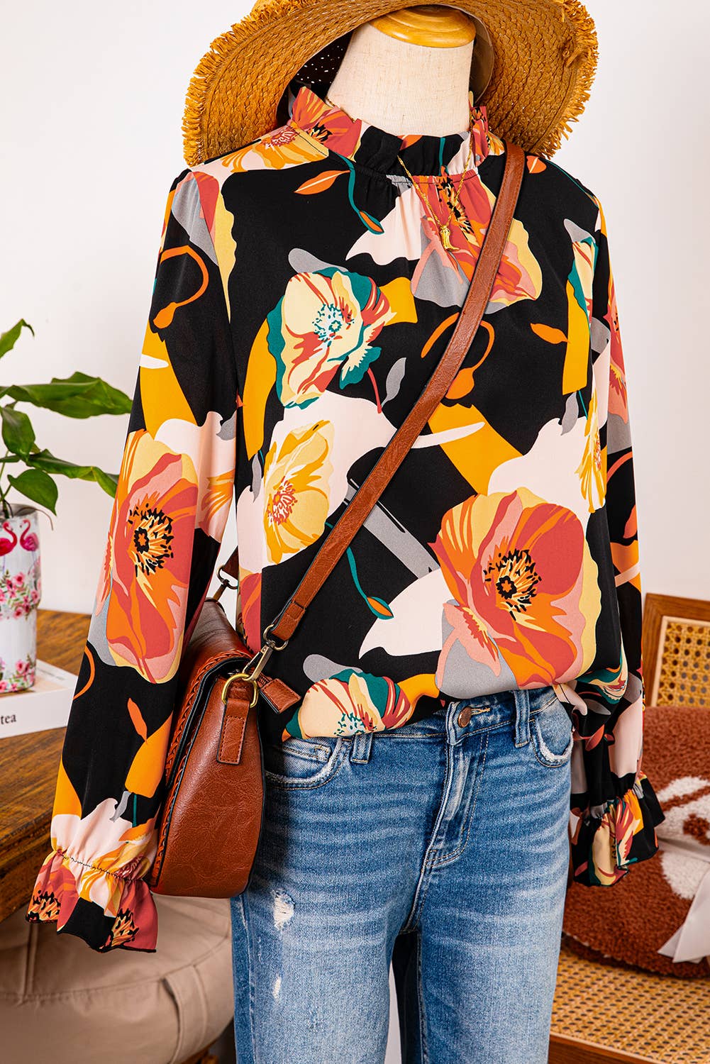 As shown Fashion-W Clothing Floral Print Mock Neck Blouse for wholesale on Faire1