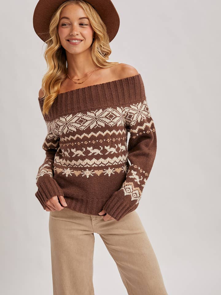 Bluivy - Wholesale Knit Sweater - Women's - FAIR ISLE OFF SHOULDER KNIT SWEATER - HOLIDAY4